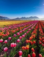 赤、黄、ピンクの花が整然と並び、遠くに青空と春霞の山々と広大なチューリップ畑