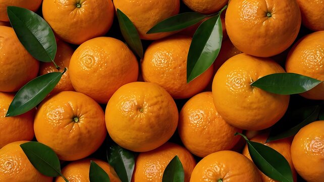 Fresh oranges, vibrant citrus fruits, green leaves, close-up, high detail