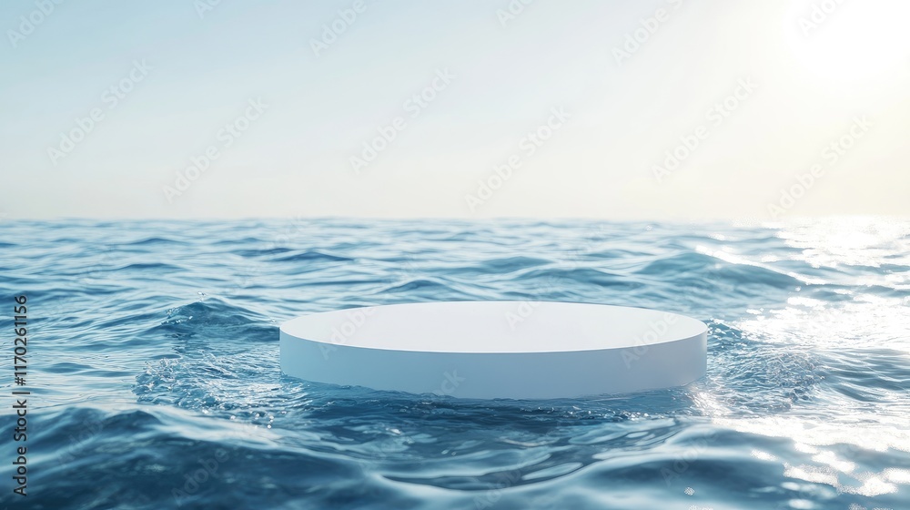 Poster white circular podium positioned on calm, clear blue water texture with waves and sunlight creating 