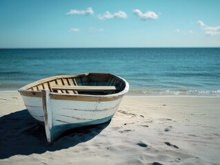 Fototapeta premium Old wooden boat on sandy beach at edge of ocean, sunny day.