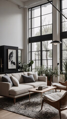 Obraz premium Bright black and white contemporary living room featuring wide windows stylish couch and soft rug creating an inviting atmosphere with a modern minimalist aesthetic