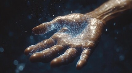 Fototapeta premium Glowing particles in open human hand, dark background.