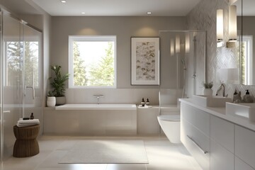 A contemporary bathroom featuring streamlined fixtures, neutral tones, and minimalistic decor. Utilize clean lines, large windows for natural light,