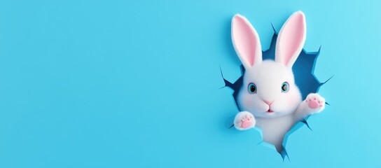 Naklejka premium Cute white bunny rabbit peeking through a hole in a bright blue background.
