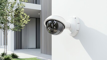 Modern security camera mounted on a white wall, capturing surroundings with urban backdrop.