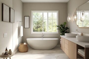 A contemporary bathroom featuring streamlined fixtures, neutral tones, and minimalistic decor. Utilize clean lines, large windows for natural light