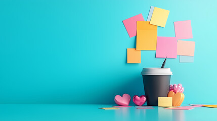 Creative Workspace with Sticky Notes and Hearts: A Blend of Inspiration and Love
