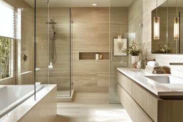 A contemporary bathroom with sleek fixtures, neutral colors, and luxurious materials. Use modern cabinetry, a frameless glass shower, and elegant lighting. Incorporate natural stone