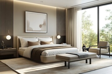 A contemporary bedroom featuring streamlined furniture pieces, neutral tones, and minimalistic decor. Utilize clean lines, large windows