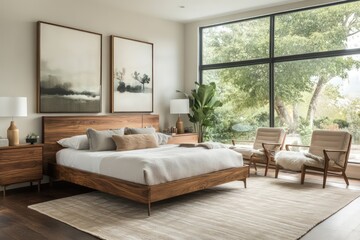A contemporary bedroom featuring streamlined furniture pieces, neutral tones, and minimalistic decor. Utilize clean lines, large windows