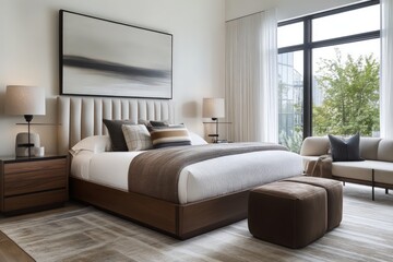 A contemporary bedroom featuring streamlined furniture pieces, neutral tones, and minimalistic decor. Utilize clean lines, large windows for natural light, and integrated storage solutions. 