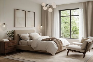 A contemporary bedroom featuring streamlined furniture pieces, neutral tones, and minimalistic decor. Utilize clean lines, large windows