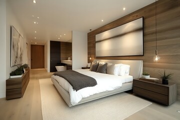 A contemporary bedroom with streamlined furniture, neutral tones, and minimalistic decor. 