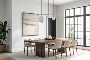 A contemporary dining room featuring streamlined furniture pieces, neutral tones, and minimalistic decor. Utilize clean lines, large windows