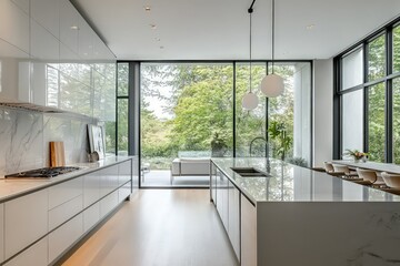 Fototapeta premium A contemporary kitchen featuring streamlined cabinetry, neutral tones, and minimalistic decor. Utilize clean lines, large windows