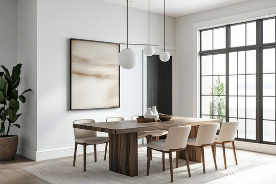 Fototapeta A contemporary dining room featuring streamlined furniture pieces, neutral tones, and minimalistic decor. Utilize clean lines, large windows