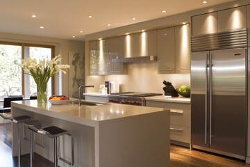 A contemporary kitchen with sleek cabinetry, high-end appliances, and a neutral color palette. Use modern lighting, minimalist decor, 