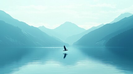 Fototapeta premium Serene lake landscape with a bird in flight, mountains in the background.