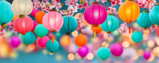 Obraz premium Colorful chinese paper lanterns hanging with cherry blossoms creating a festive atmosphere. Chinese new year background