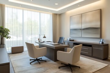 A contemporary office featuring streamlined furniture pieces, neutral tones, and minimalistic decor. Utilize clean lines, large windows for natural light, and integrated storage solutions.