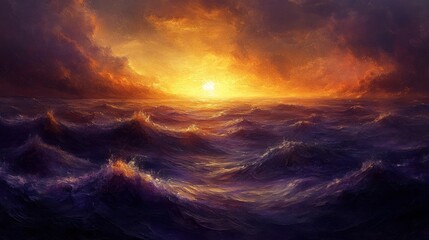 Fiery sunset over dramatic ocean waves.