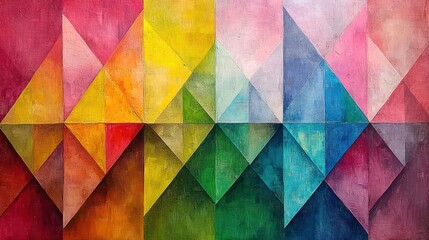 A vibrant geometric abstract artwork featuring colorful triangular shapes.