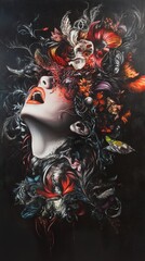 Surreal Woman with Flowers in Hair: A Dark, Dramatic Portrait