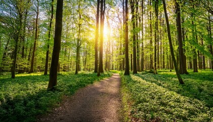 緑の若葉が生い茂る林の中、小径に木漏れ日が差し込む、穏やかな春の風景