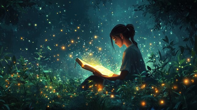 Girl reading glowing book in magical forest at night.