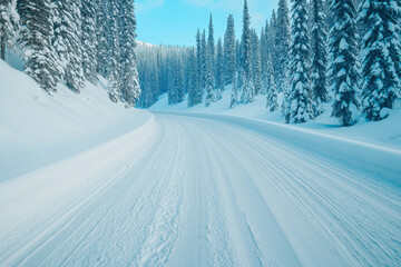 Fototapeta premium Snow covered road winding through snowy pine forest in winter