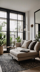 Obraz premium Minimalist black and white home design featuring contemporary rug sleek couch and expansive windows adding brightness and style to the interior