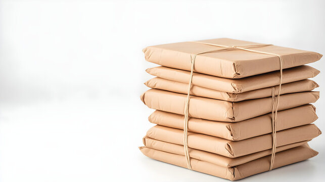 logistics online trading automation concept. Stack of neatly wrapped packages tied with string on a white background.