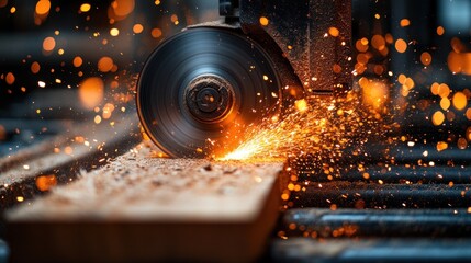 Close-up of circular saw cutting wood with sparks.