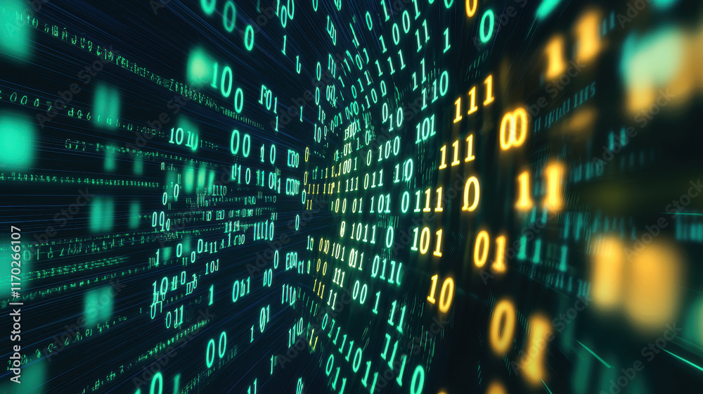 Poster captivating digital background showcasing flowing binary code in vibrant colors