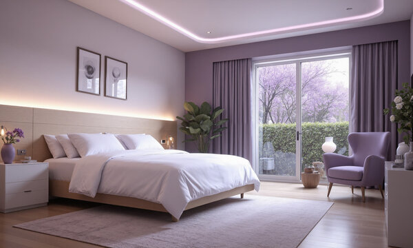 Smart bedroom in gentle lavender, with AI-controlled temperature regulation that adapts to the user's sleep patterns. The room features self-cleaning