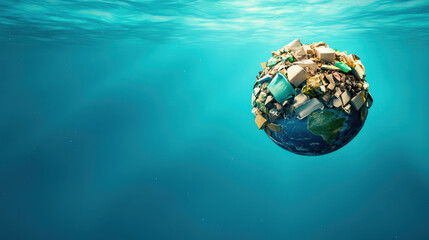 thought provoking image of Earth submerged in water, covered in waste, highlighting environmental issues
