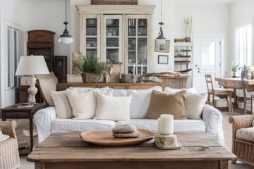 Fototapeta premium A farmhouse living room featuring distressed wood furniture, whitewashed finishes, and vintage decor accents. Utilize a warm color palette, cozy textiles, 