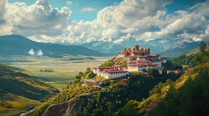 Fototapeta premium Majestic Mountain Fortress Surrounded by Lush Greenery and Clouds