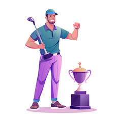 Golf champion standing with trophy, flat style illustration

