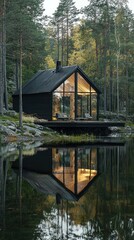 Obraz premium Modern Black Cabin Nestled by Tranquil Forest Lake Reflections