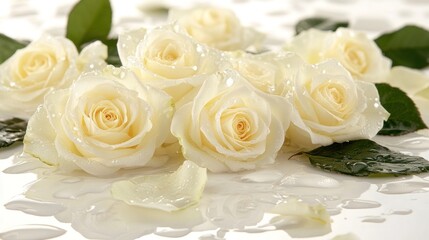 Obraz premium Close-up of dewy, cream-colored roses with petals.