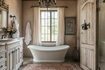 A French Country bathroom highlighting soft, warm colors, natural materials, and elegant decor. 
