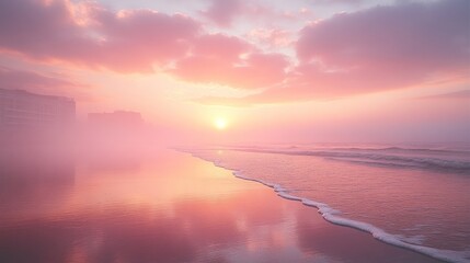 Serene pink sunrise over misty beach, reflecting sun and calm ocean waves.