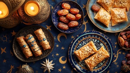 Fototapeta premium Overhead view of assorted Middle Eastern desserts, dates, and candles on a dark blue tablecloth with star and moon decorations.