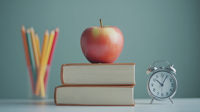 An apple rests atop two books near colored pencils and a clock