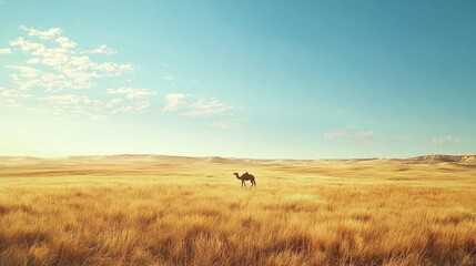 Solitary Camel in Vast Desert Landscape Under Bright Blue Sky