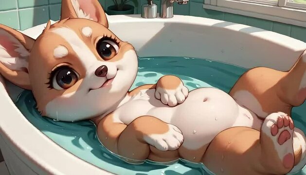 욕조에 배를 보이고 누워있는 웰시코기