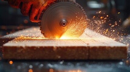 Close-up of sparks flying from an angle grinder cutting wood.