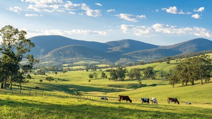 Obraz premium Serene Green Landscape with Cows Grazing in Rolling Hills