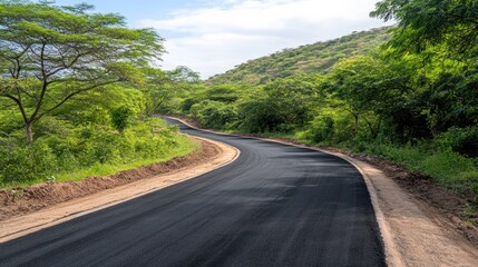 Fototapeta premium Newly Paved Road Winding Through Lush Green Landscape